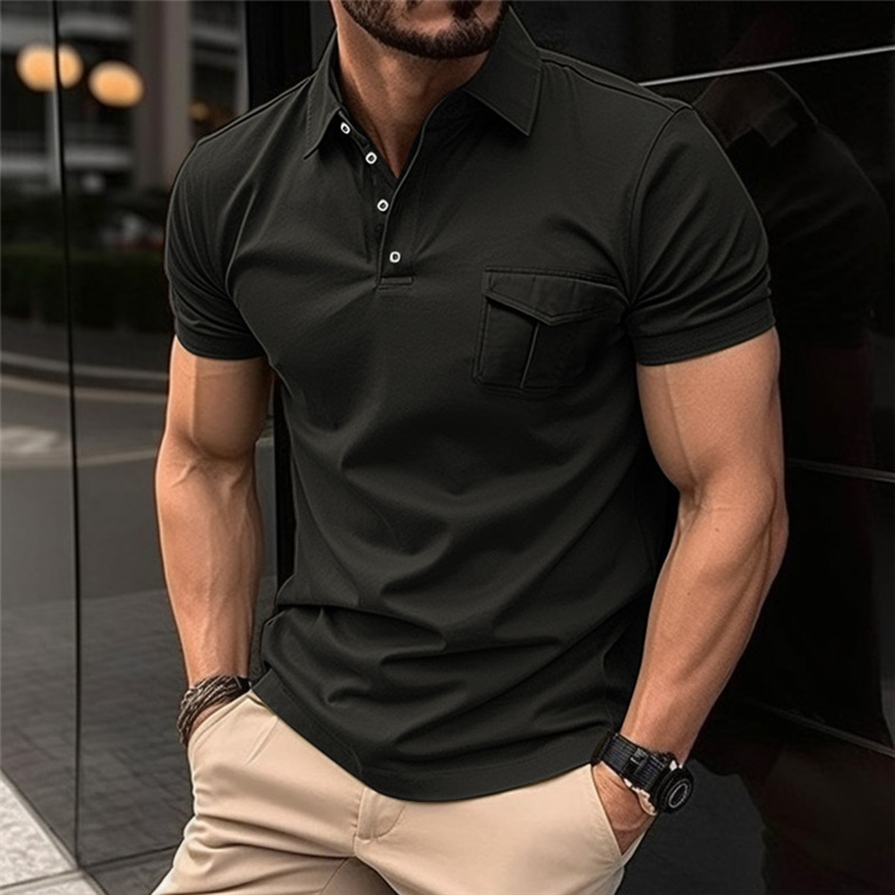 Polo Neck Chest Pocket Slim Fit Black Short Sleeve Top