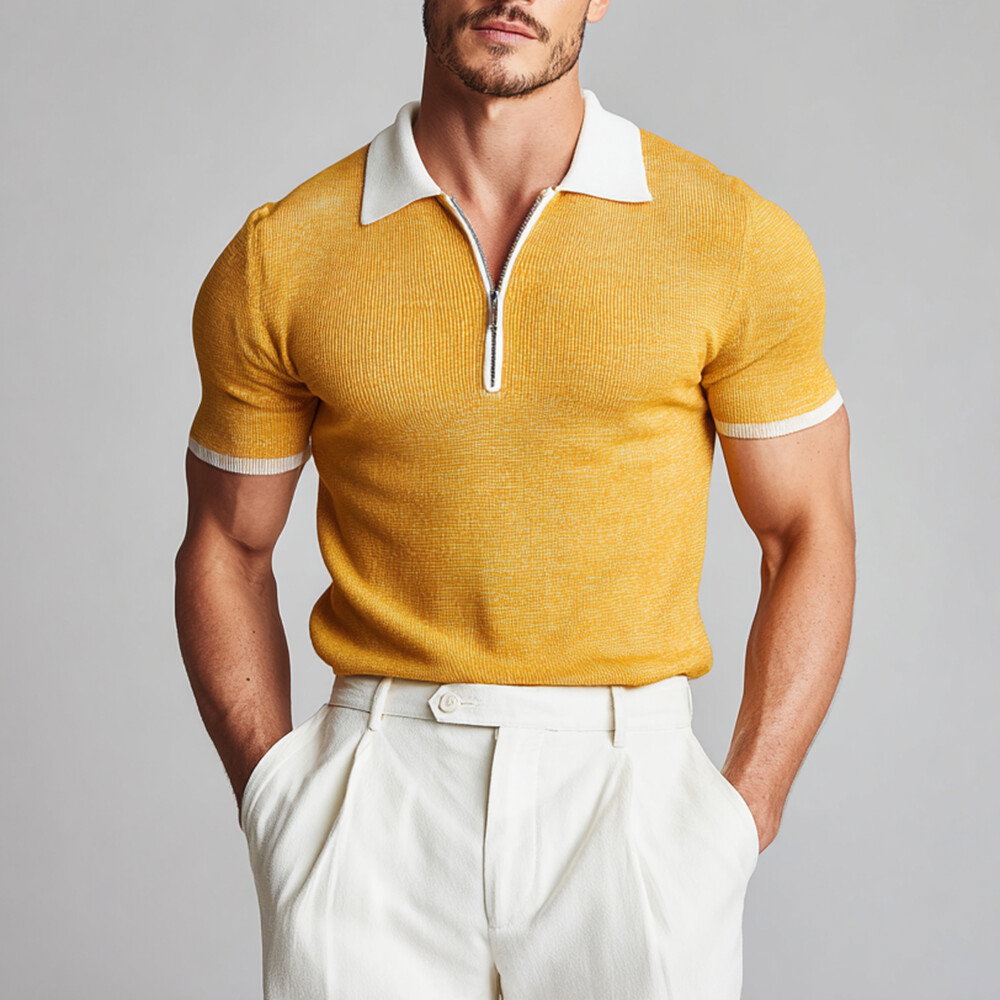 Okaywear Ribbed Zip-Up Polo Neck Tight Fit Yellow Short Sleeve Top