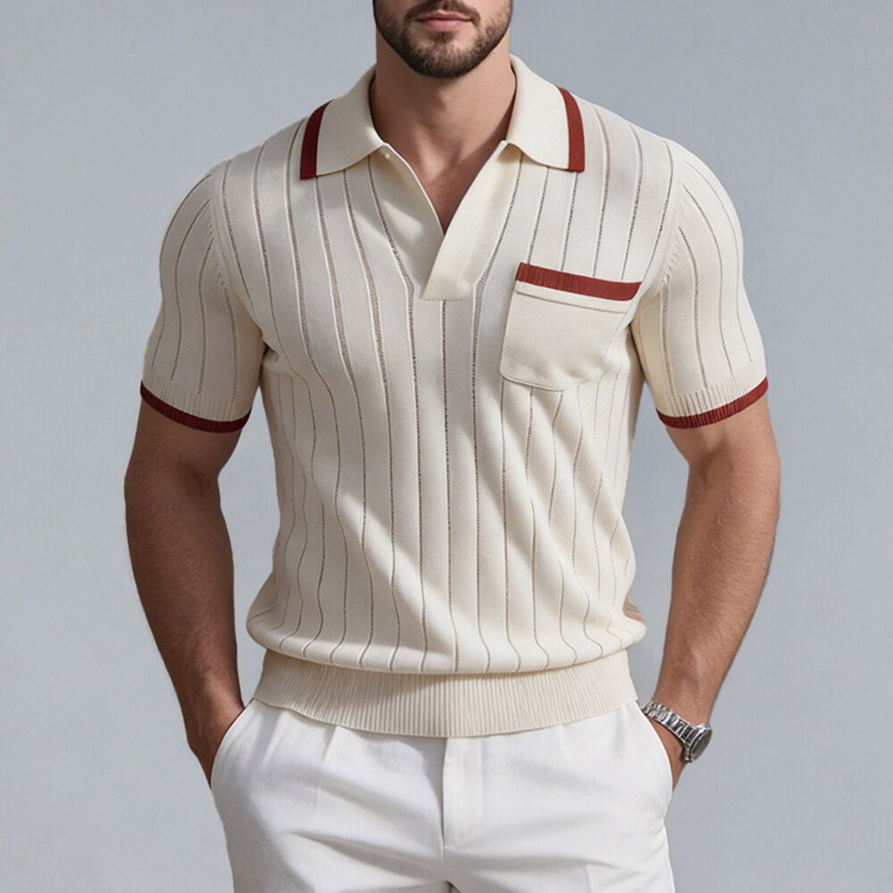 Okaywear Contrast Trim Patch Pocket Ribbed Beige Polo Shirt