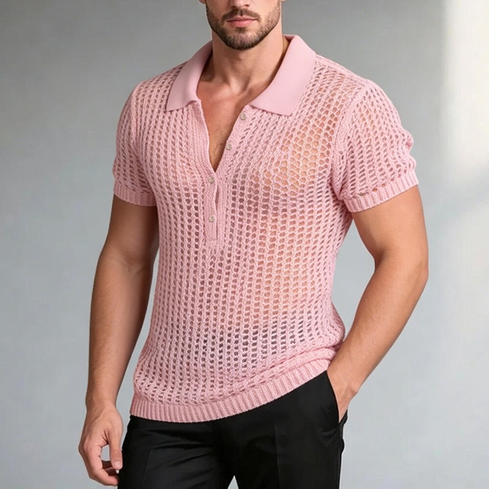 Okaywear Mesh Crochet Slim-Fit Pink Short Sleeve Polo Shirt
