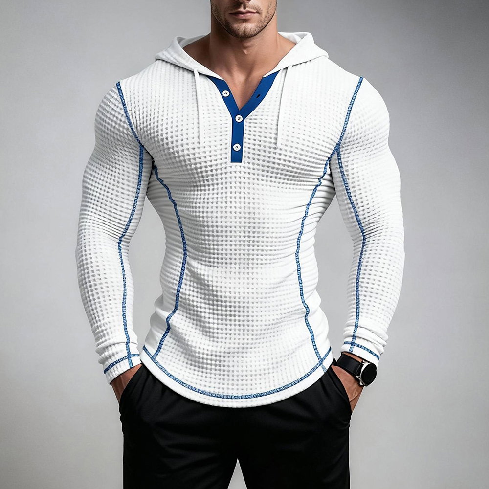Okaywear Waffle Textured Seam Detail Button White Hoodie