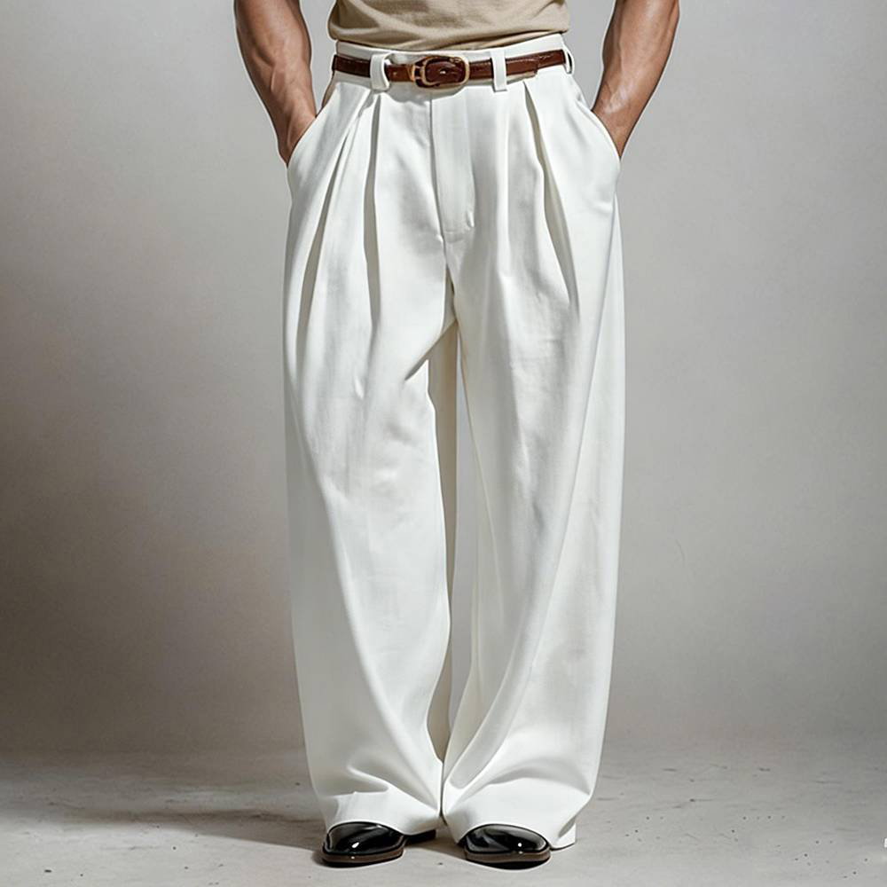 Okaywear Slant Pocket Loose Fit White Wide Leg Pants