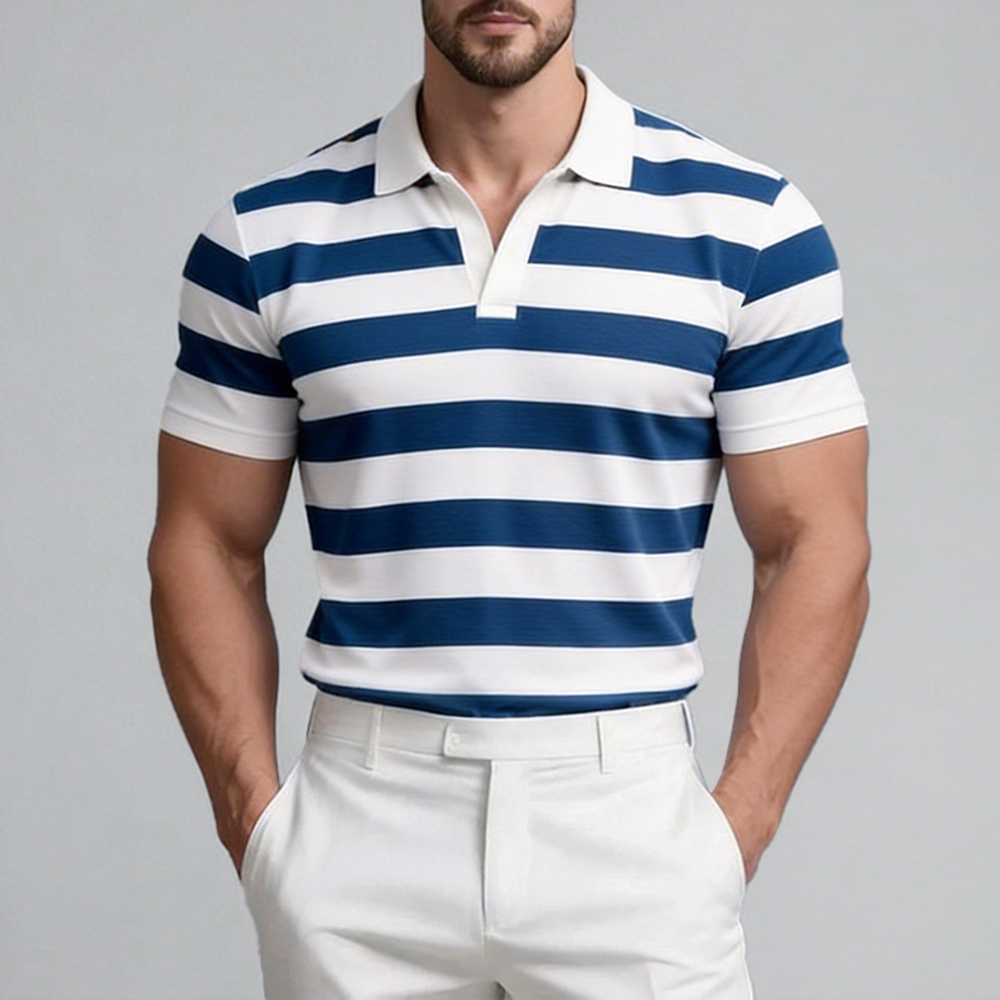 Okaywear Stripe Printed Polo Neck Blue And White Short Sleeve Top