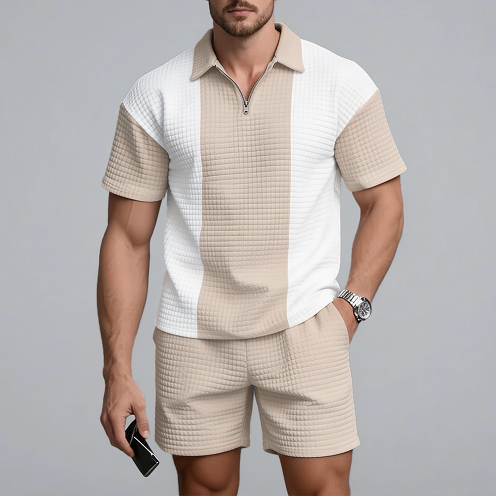 Okaywear Waffle Texture Contrast Color Zipper Polo Shirt Shorts Two Piece Set
