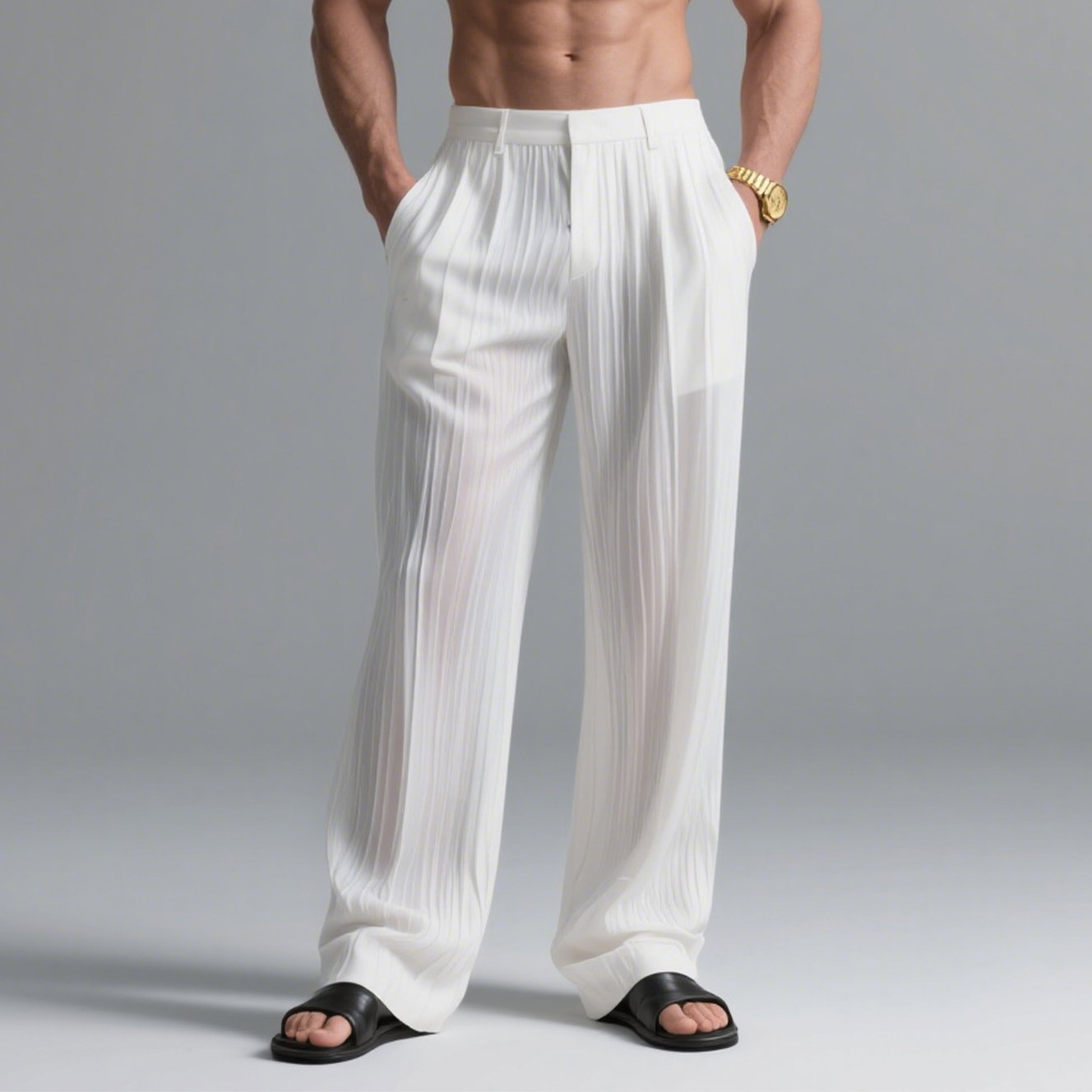 Okaywear Semi-Sheer Pleated Short Inner Lining Straight Leg Pants
