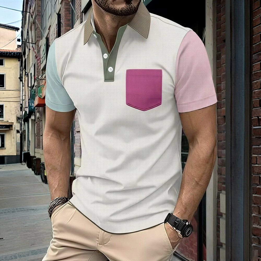 Colorblock Patch Pocket Slim Fit White Short Sleeve Polo Shirt