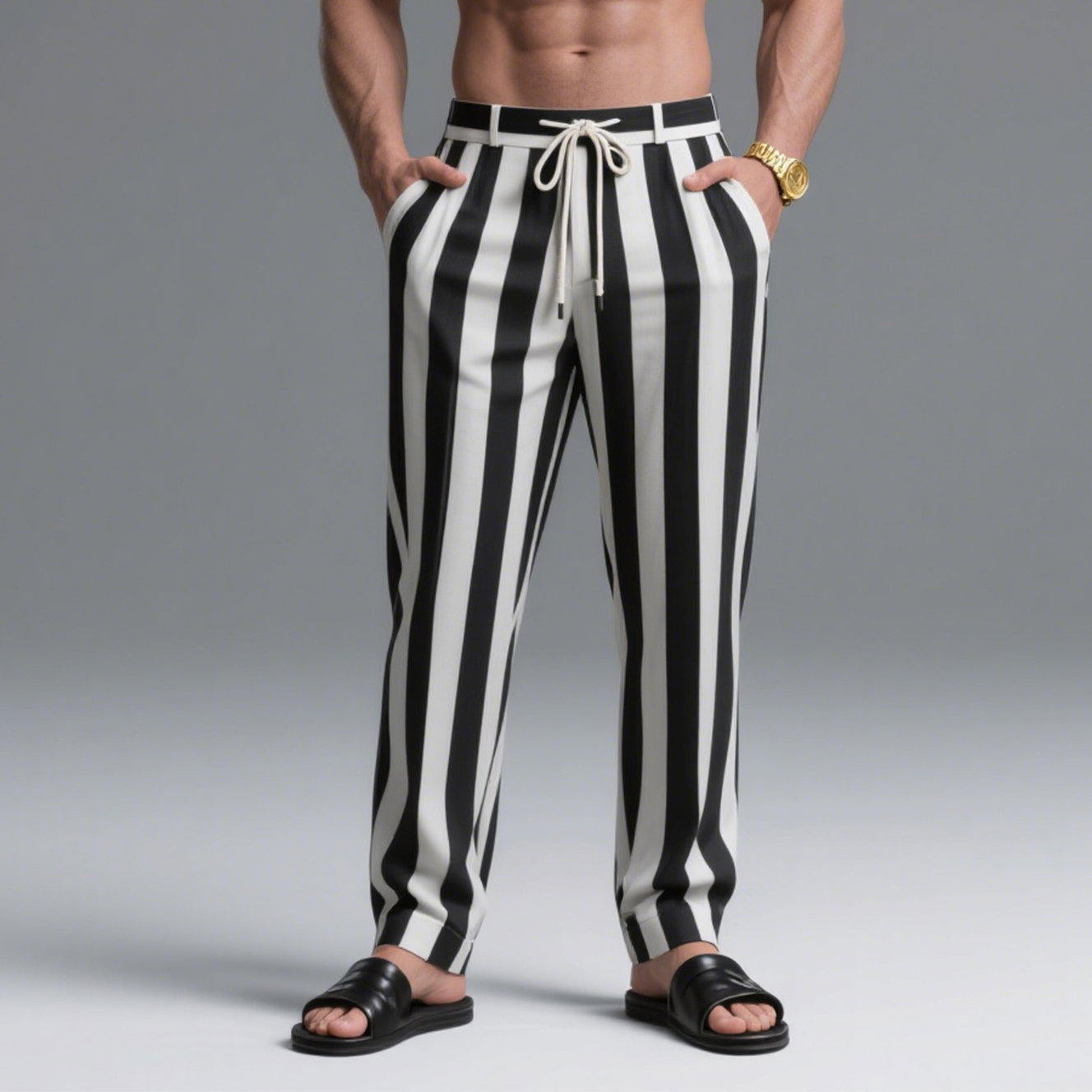 Okaywear Black And White Striped Pocket Drawstring Pants