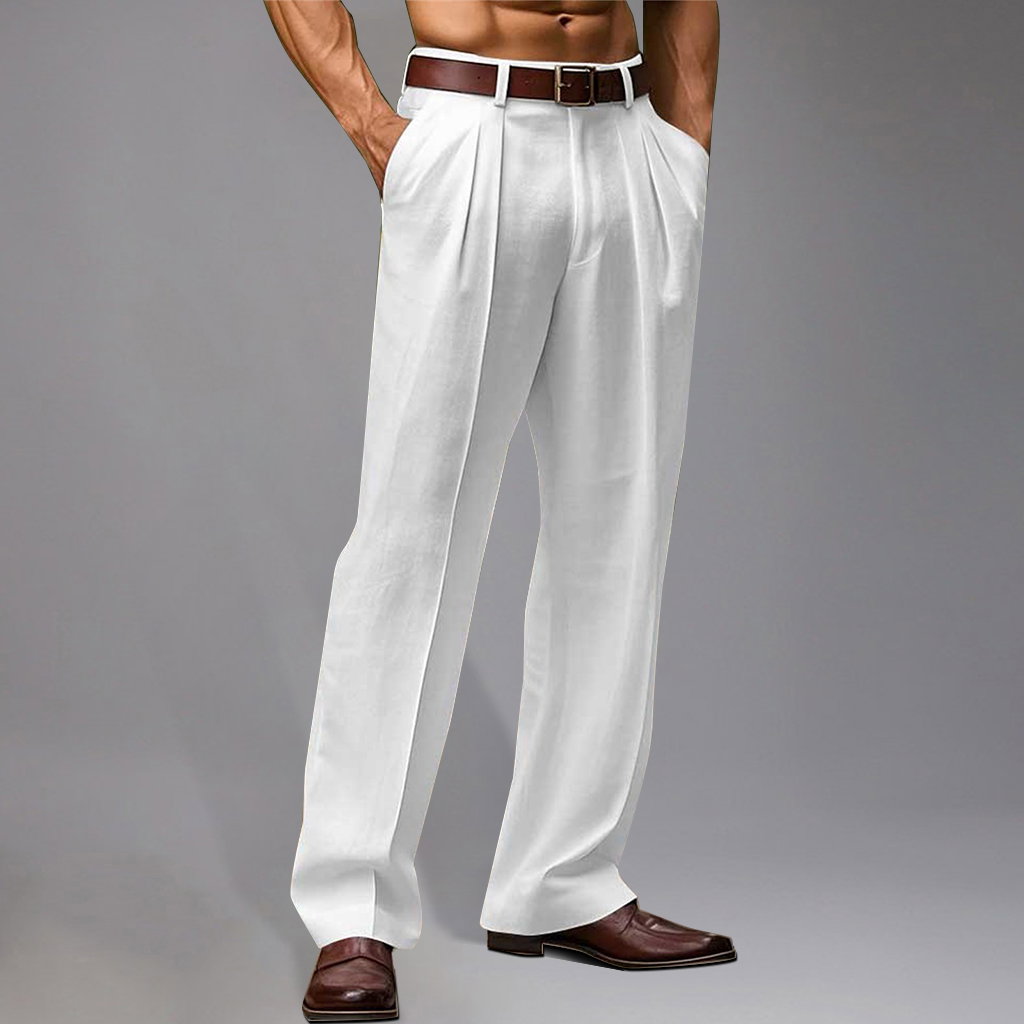 Casual Flax Mid Rise Slant Pocket Solid Straight Pants