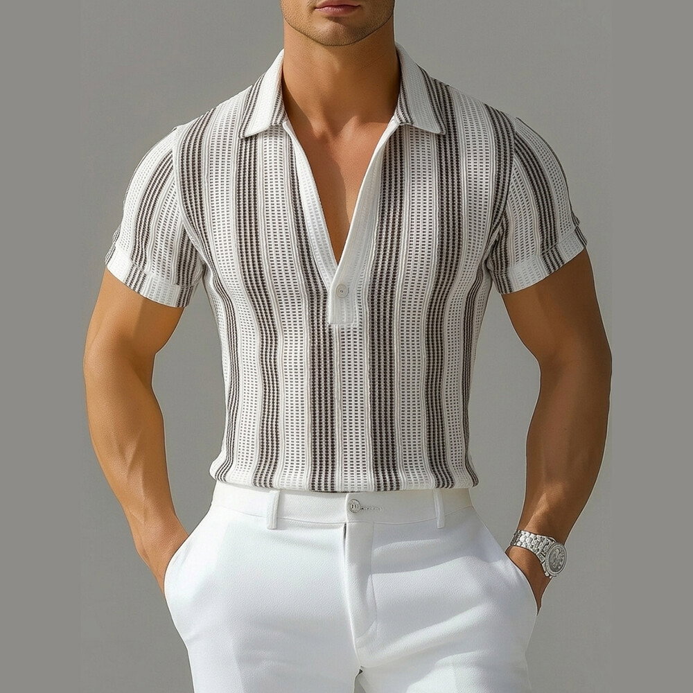 Okaywear Striped Pattern One Button White Short Sleeve Shirt