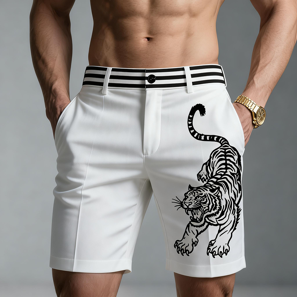 Okaywear Tiger Printed Striped Waistband Slant Pocket White Shorts