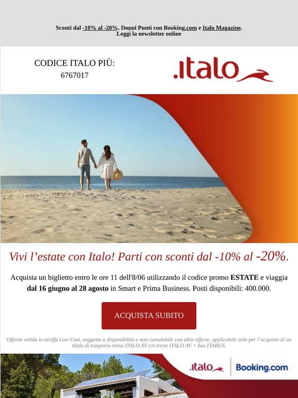 Vivi l’estate con Italo! Parti con sconti dal -10% al -20%.