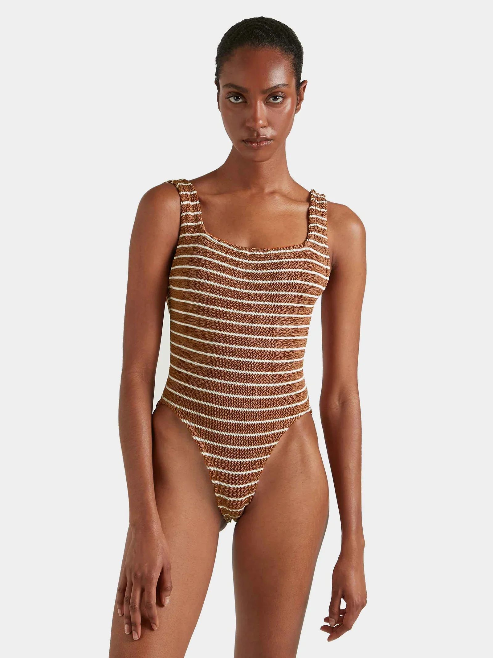 Image of  Square Neck Swim Metallic - Cocoa/White Stripe