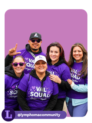 A group of people posing together in matching custom purple "Val Squad" t-shirts with the social media handle @lymphomacommunity in the bottom corner.