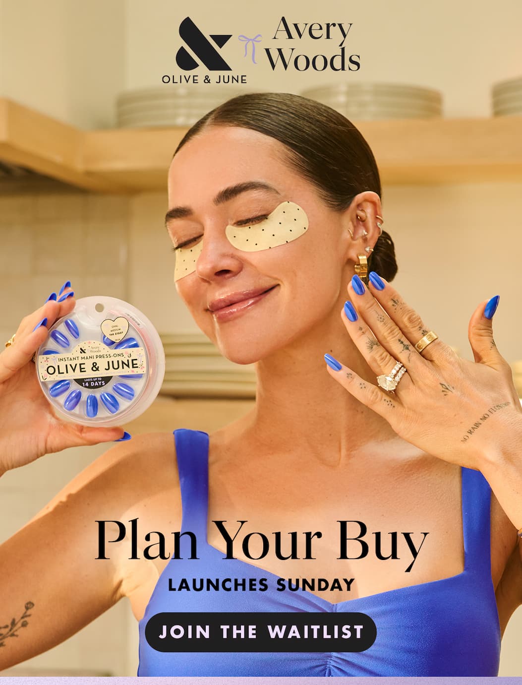 (IMAGE OF AVERY WOODS HOLDING OLIVE & JUNE PRESS-ON PACK) PLAN YOUR BUY! LAUNCHES SUNDAY AVERY WOODS X OLIVE&JUNE! | JOIN THE WAITLIST