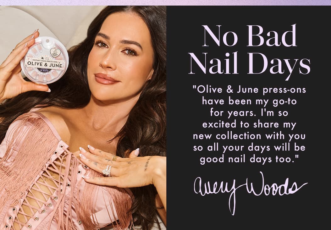 (IMAGE OF AVERY WOODS HOLDING OLIVE & JUNE PRESS-ON PACK) NO BAD NAIL DAYS! + A QUOTE ABOUT MAKING THE COLLECTION FROM AVERY WOODS| JOIN THE WAITLIST