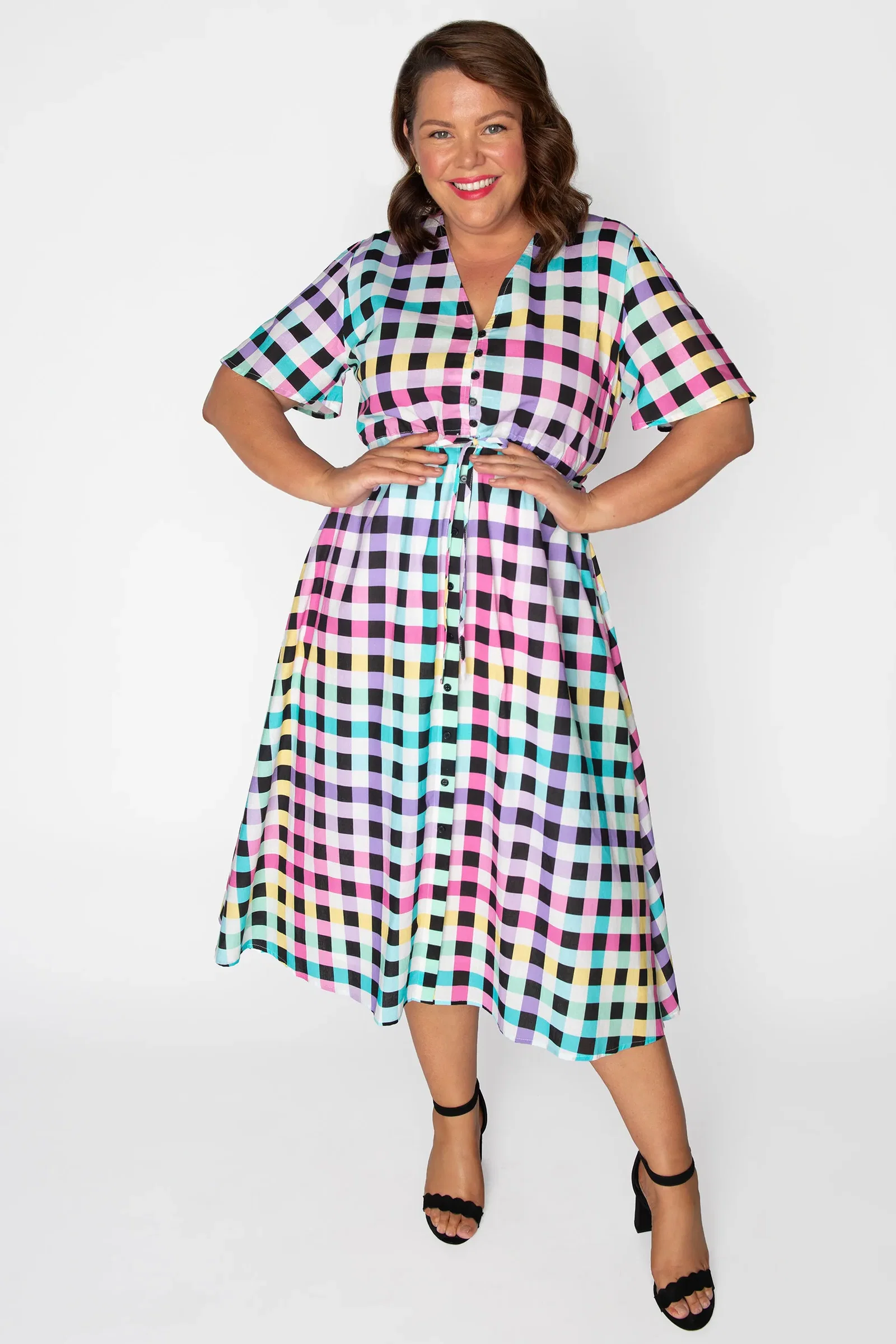 Image of Marley Cotton Black Rainbow Gingham Dress