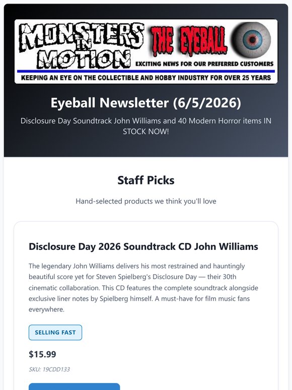 Disclosure Day Soundtrack John Williams and 40 Modern Horror items IN STOCK NOW!