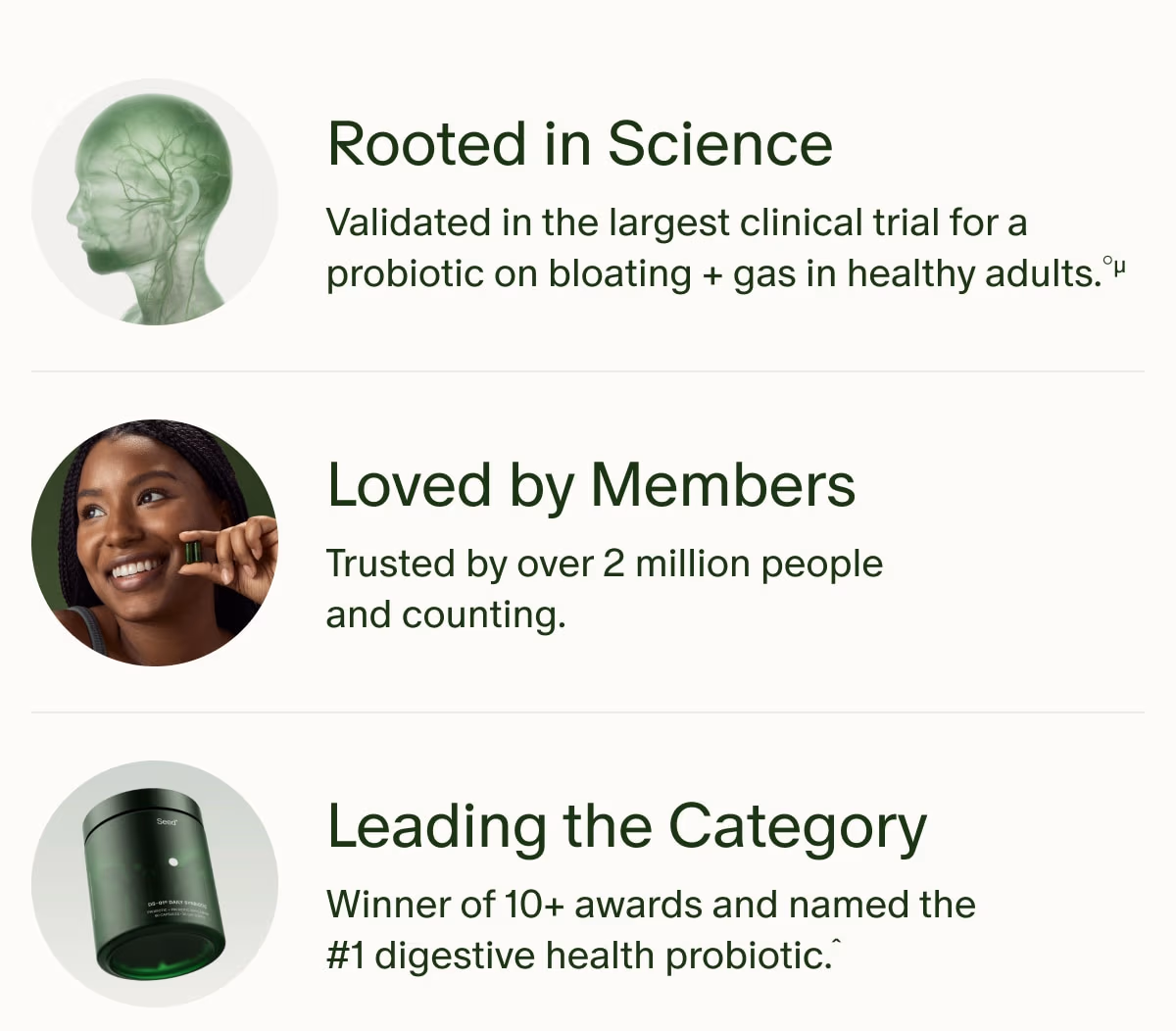 Rooted in Science | Validated in the largest clinical trial for a probiotic on bloating + gas in healthy adults.°µ | Loved by Members | Trusted by over 2 million people and counting. | Leading the Category | Winner of 10+ awards and named the #1 digestive health probiotic.