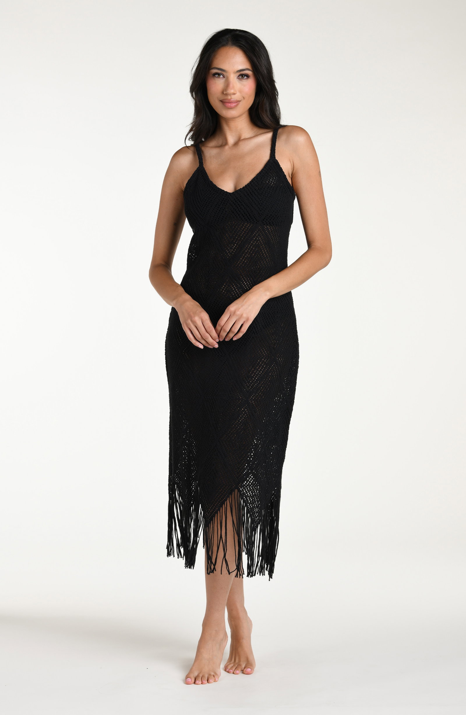 Crochet the Day V-Neck Crochet Midi Dress - Black