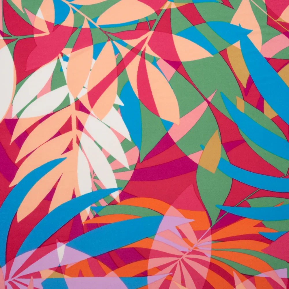 Image of Stretch Polyester Tricot - Magenta, Green and Beige Overlapping Palm Leaves - Designer Deadstock