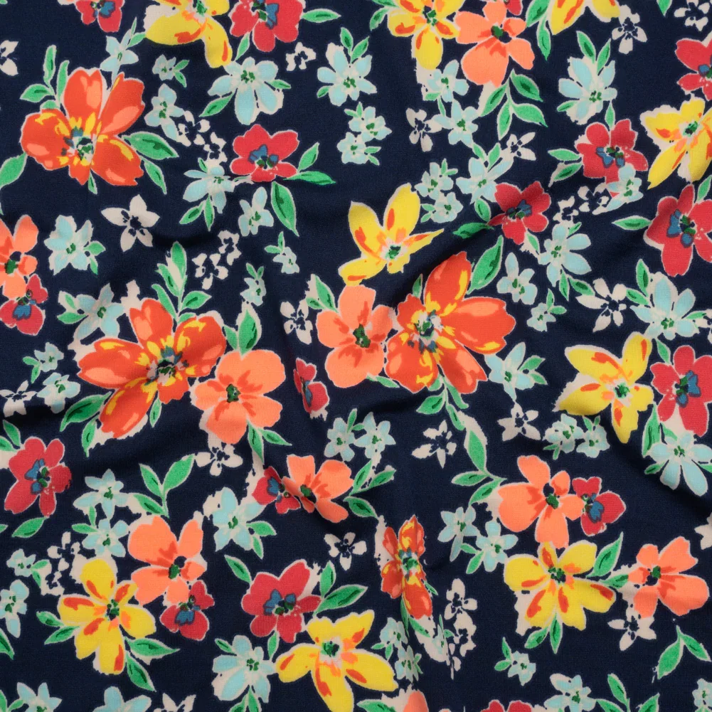 Image of Stretch Polyester Tricot - Navy, Orange and Yellow Floral - Designer Deadstock