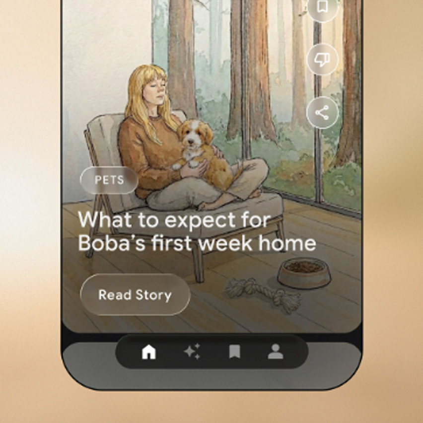 Watercolor illustration of a woman cradling a puppy; text: 'What to expect for Boba's first week home.'