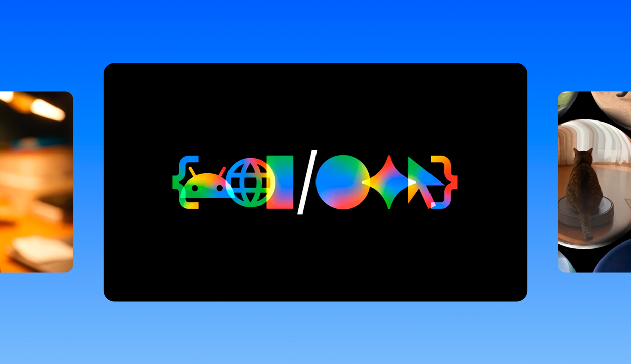 Black banner with colorful tech icons on a blue gradient background, flanked by a blurred thumbnail and a cat on a robot vacuum.