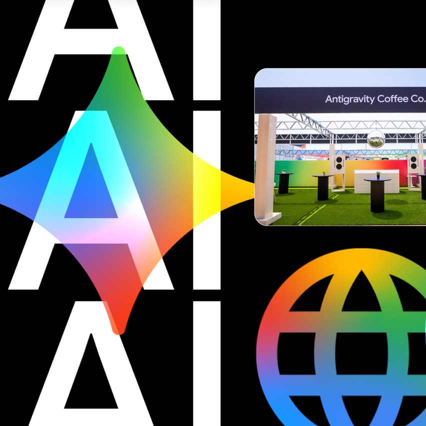'AI' pattern background with a glowing rainbow star and an inset photo of Antigravity Coffee Co.