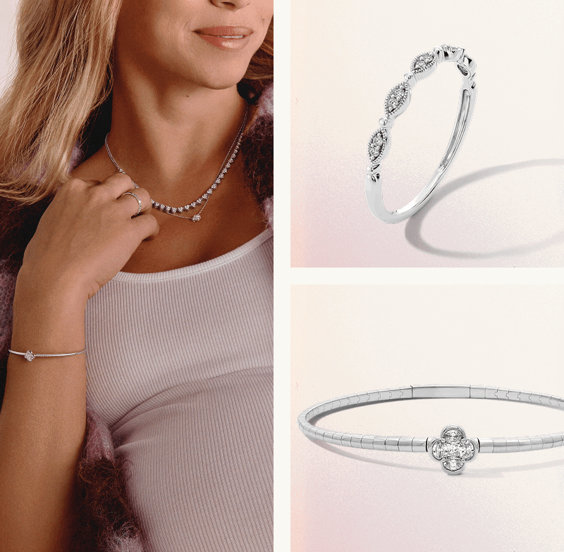 Same model, with focus on silver ring with diamond details & clover-like pendant silver bracelet. Close up of products.