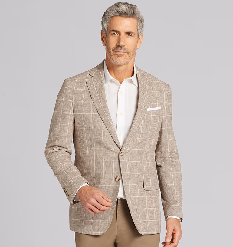 Joseph Abboud Modern Fit Windowpane Plaid Linen-Blend Sport Coat