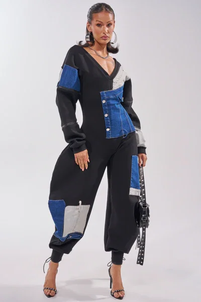COMFY COZY SWEATSHIRT JUMPSUIT IN PATCHWORK DENIM IN BLACK