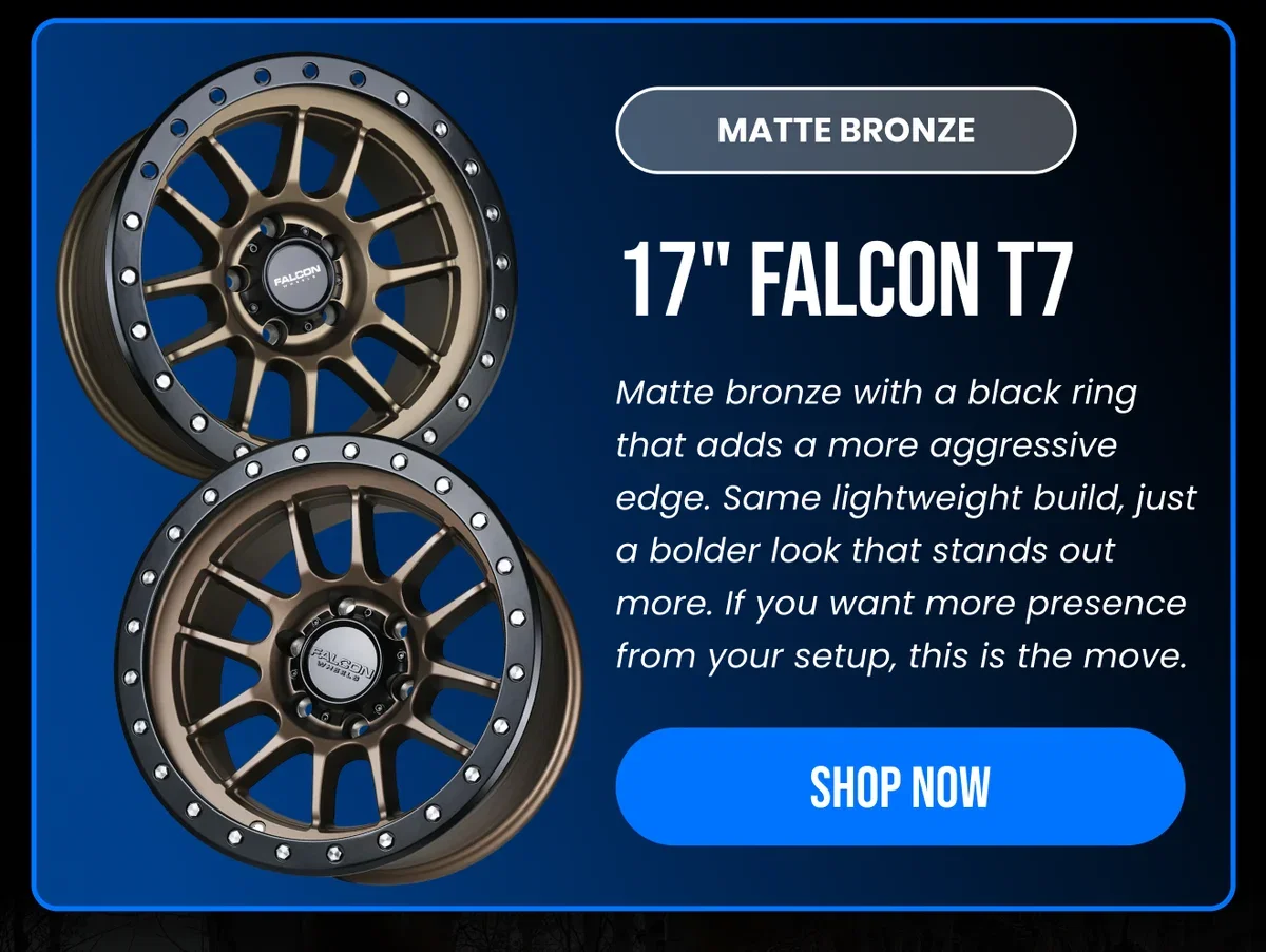 MATTE BRONZE 17" FALCON T7 Matte bronze with a black ring that adds a more aggressive edge. Same lightweight build, just a bolder look that stands out more. If you want more presence from your setup, this is the move. [SHOP NOW]