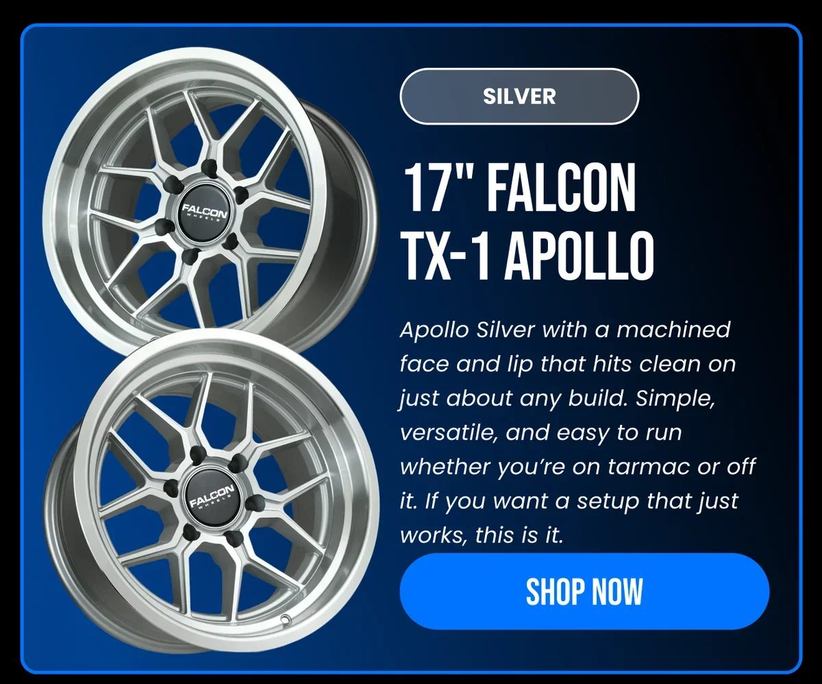 FALCON SILVER 17" FALCON TX-1 APOLLO Apollo Silver with a machined face and lip that hits clean on just about any build. Simple, versatile, and easy to run whether you're on tarmac or off it. If you want a setup that just works, this is it. [SHOP NOW]