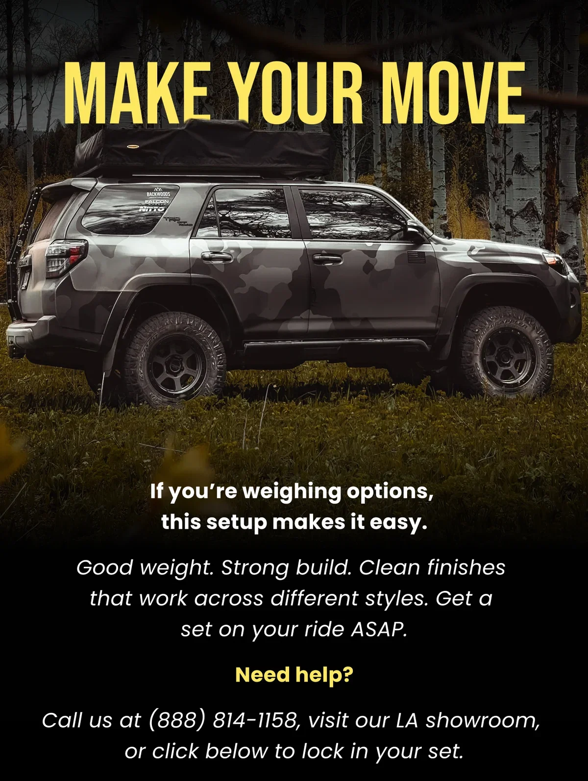 MAKE YOUR MOVE NITTO If you're weighing options, this setup makes it easy. Good weight. Strong build. Clean finishes that work across different styles. Get a set on your ride ASAP. Need help? Call us at (888) 814-1158, visit our LA showroom, or click below to lock in your set.