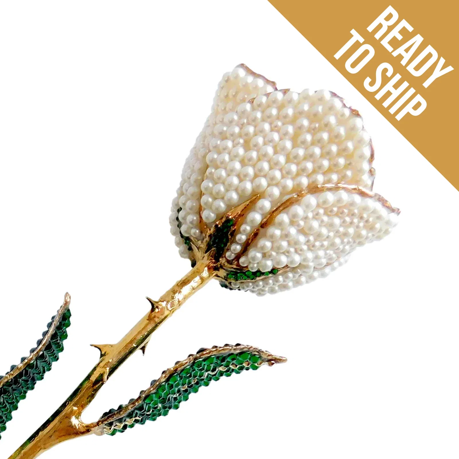 Image of Custom 24K Gold Trim White Pearl (June Birthstone) Forever Rose with Austrian Crystals Solid Colors (Made To Order / 14 Day Production)