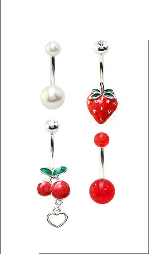 Multi-Pack CZ Dangle Fruit Belly Ring 4 Pack - 14 Gauge