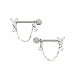 Titanium and CZ Butterfly Nipple Barbells - 14 Gauge