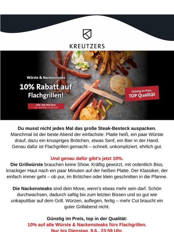 Würste & Nackensteaks: 10% fürs Flachgrillen – nur bis Dienstag 🔥