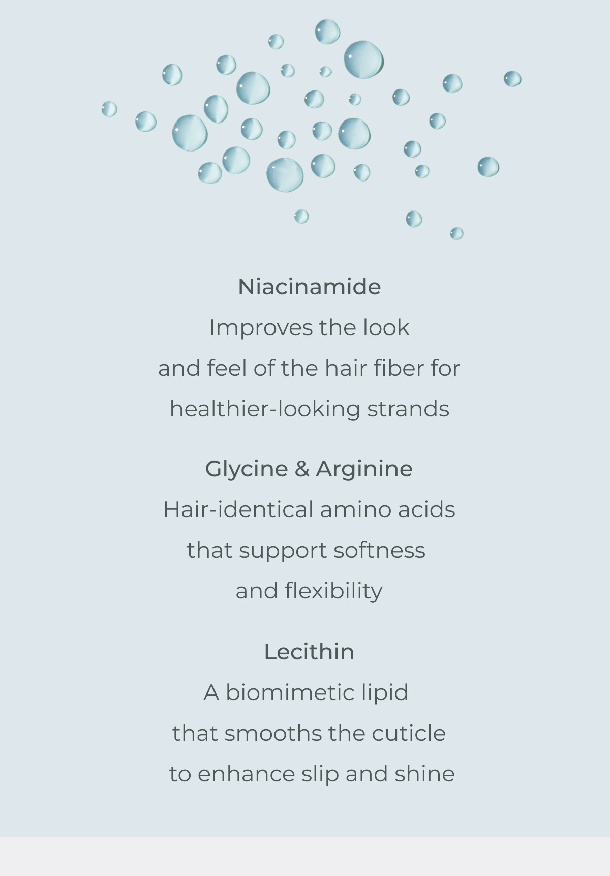 Niacinamide: Improves the look and feel of the hair fiber for healthier-looking strands. Glycine & Arginine: Hair-identical amino acids that support softness  and flexibility. Lecithin: A biomimetic lipid that smooths the cuticle to enhance slip and shine.