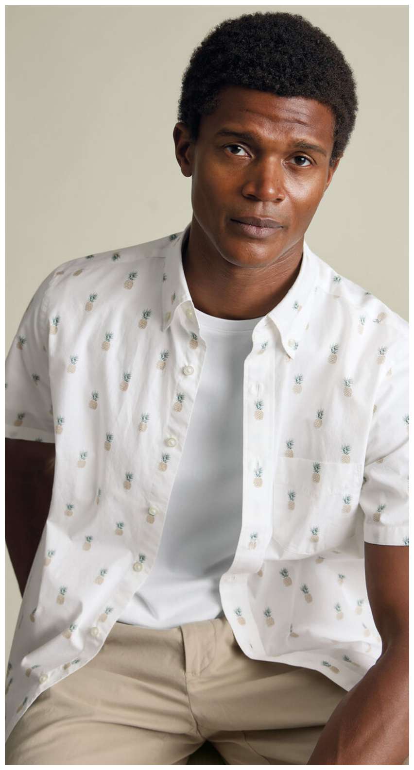 Short Sleeve Stretch Washed Poplin Print Shirt - White