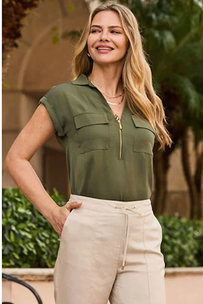Khaki Green Zip Front Tunic Top