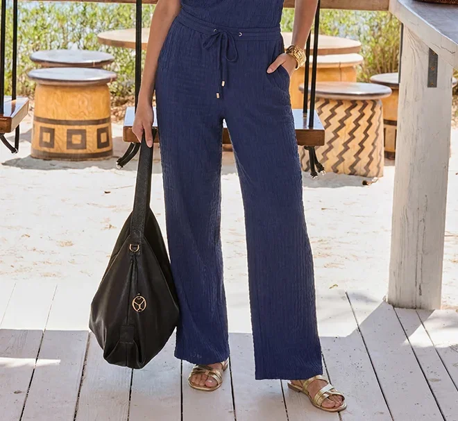 Navy Blue Textured Wide Leg Trousers