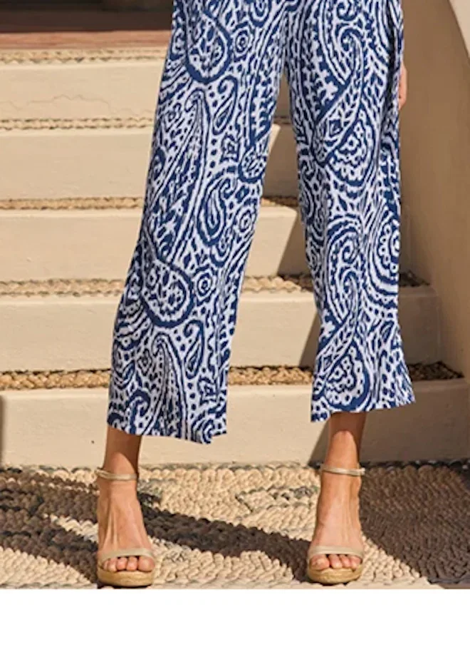 Navy Blue & White Paisley Print Culotte Jumpsuit