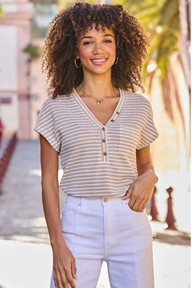 Taupe Stripe Textured Button Front Top