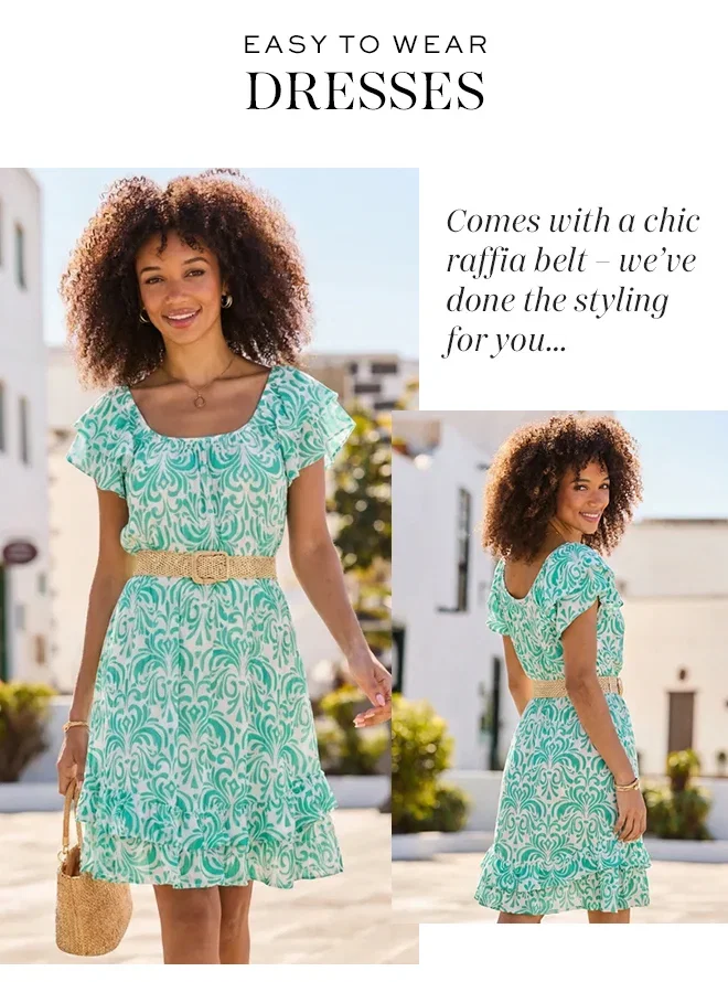Green & White Paisley Print Rattan Belted Dress
