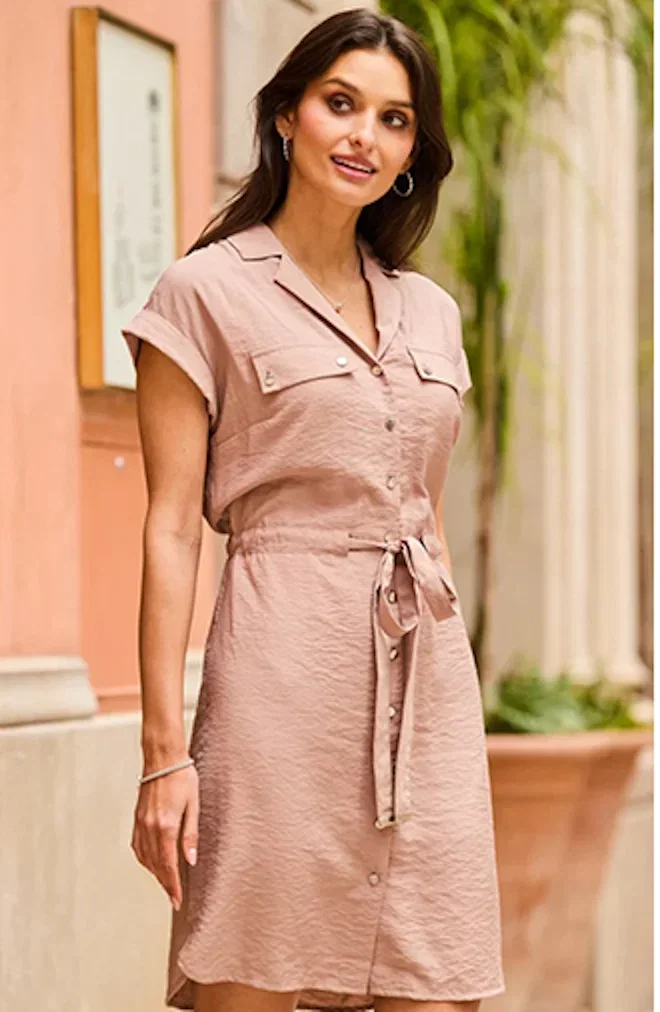 Soft Taupe Hammered Satin Utility Shirt Dress