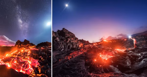 This photo captures lava, Milky Way, meteor, and Moon in a single shot | PetaPixel