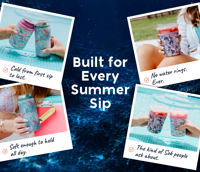 Four poolside and outdoor lifestyle shots showcasing colorful insulated drink sleeves.
