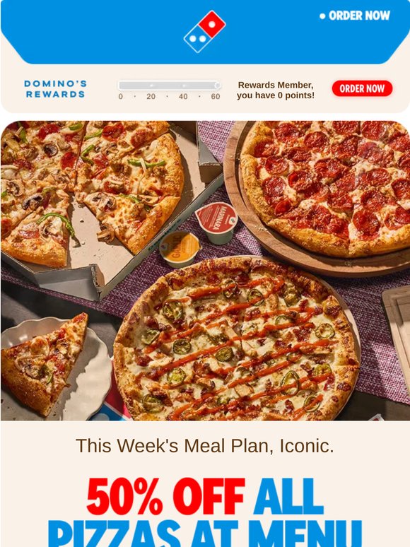 Get 50% OFF all menu priced pizzas