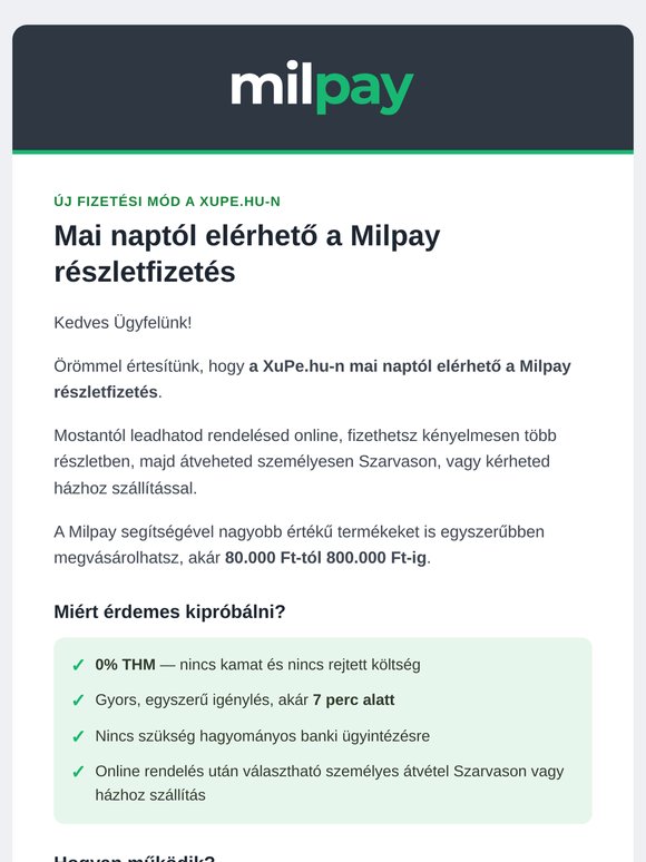 🎉 Elindult a Milpay részletfizetés a XuPe.hu-n!💸